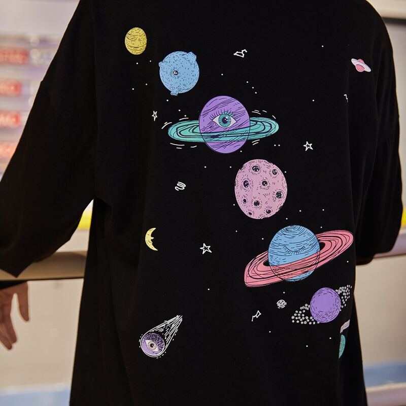 

Cartoon Planet Pattern Oversized Tee, Black