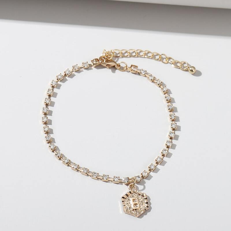 

Rhinestone Letter Engraved Anklet, Gold