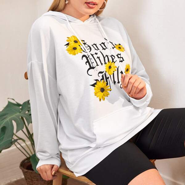 

Plus Letter And Sunflower Print Drawstring Hoodie, White