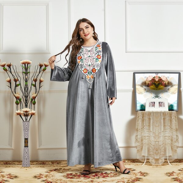 

Plus Tassel Detail Flower Embroidered Velvet Dress, Grey