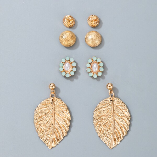 

4pairs Metal Leaf Earrings, Gold