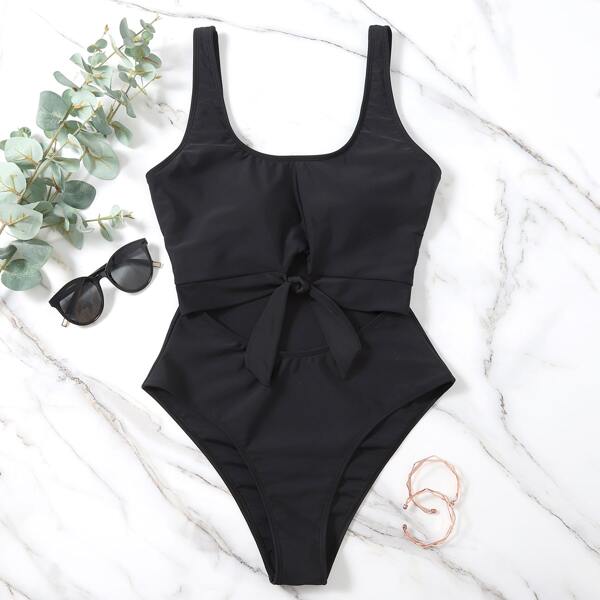 

Cut-out Knot Front One Piece Swimsuit, Black