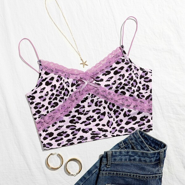 

Lace Panel Leopard Print Crop Cami Top, Multicolor