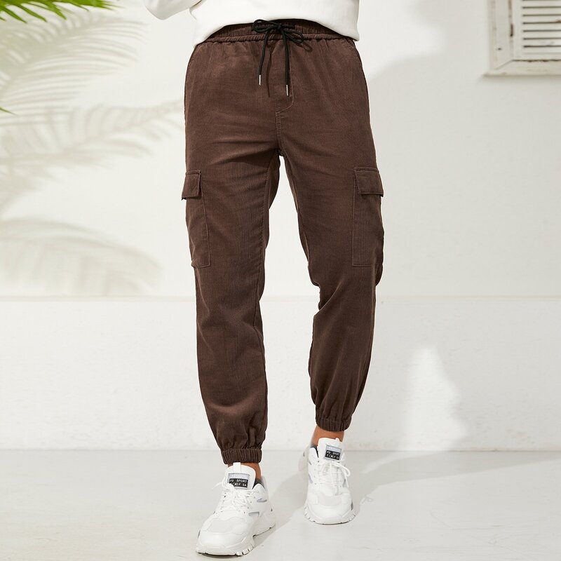 

Guys Flap Pocket Drawstring Waist Corduroy Pants, Chocolate brown