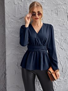 Surplice Neck Peplum Top - Navy Blue - View 1