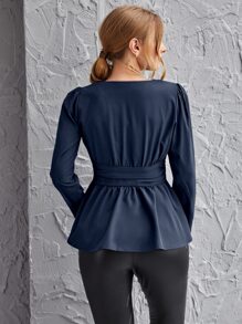 Surplice Neck Peplum Top - Navy Blue - View 2