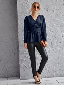 Surplice Neck Peplum Top - Navy Blue - View 3