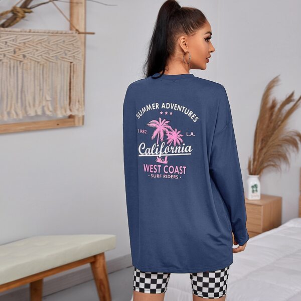 

Drop Shoulder Letter & Plants Graphic Oversized Tee, Navy blue