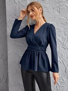 Surplice Neck Peplum Top - Navy Blue - View 4