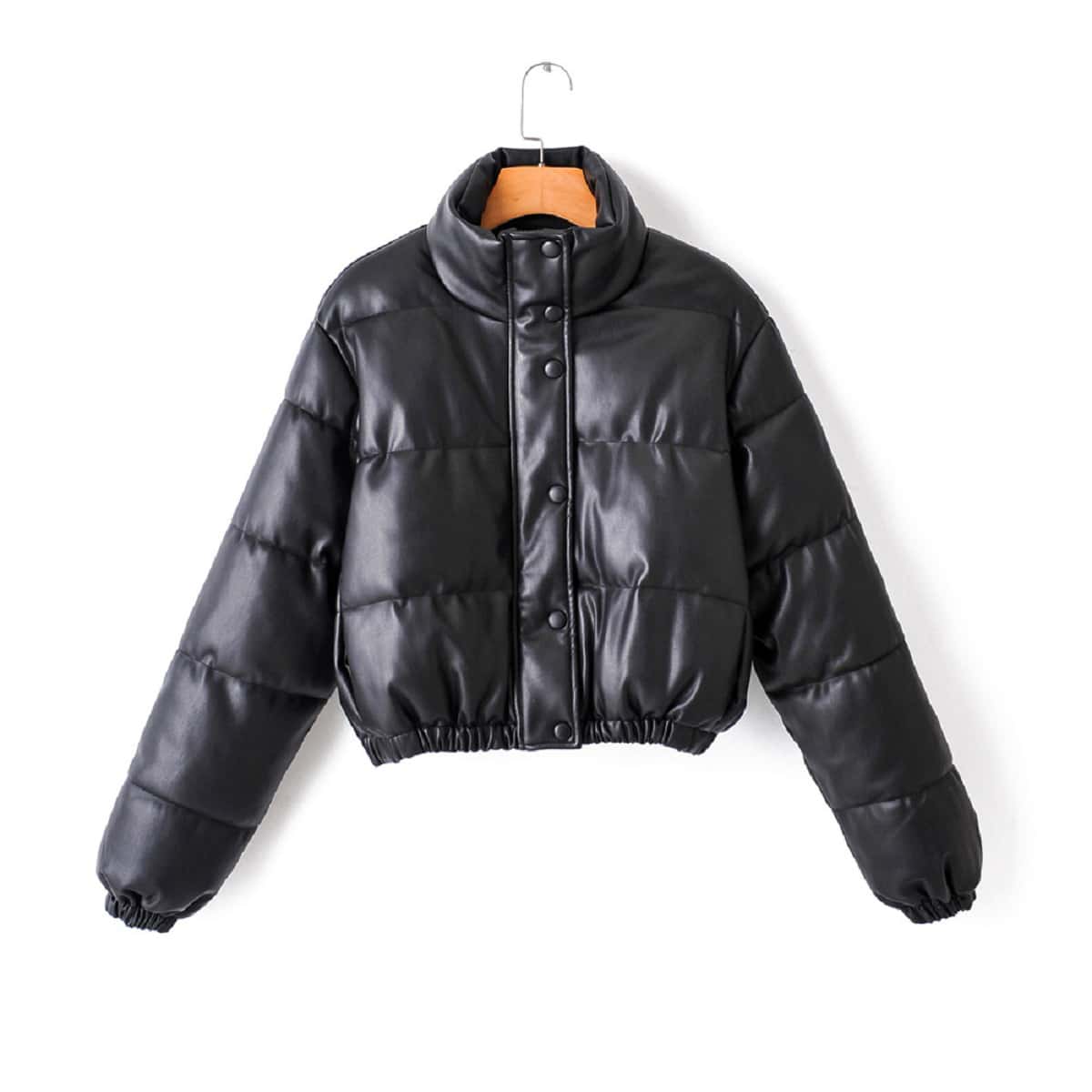 

Zip Up Crop PU Leather Puffer Jacket, Black