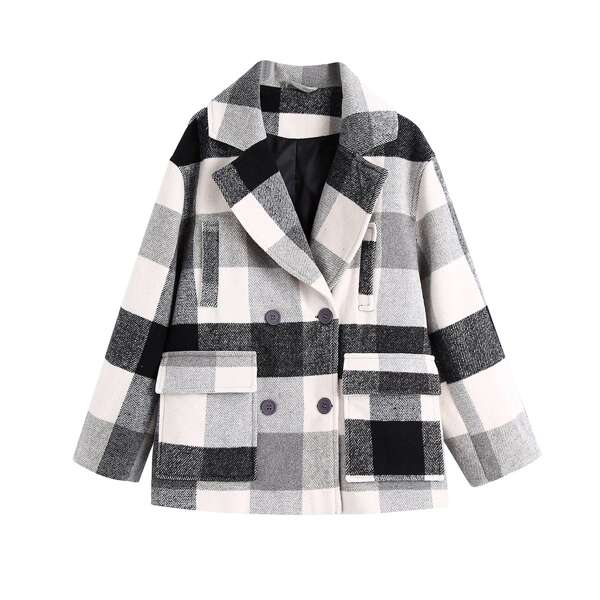 

Lapel Neck Plaid Pea Coat, Multicolor