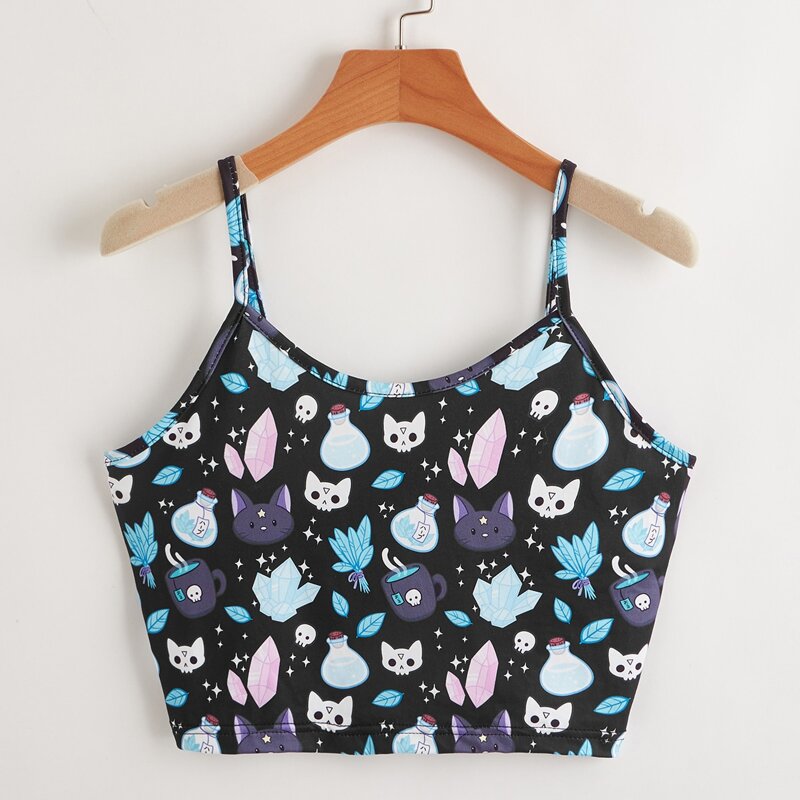

Cartoon All Over Print Crop Cami, Multicolor