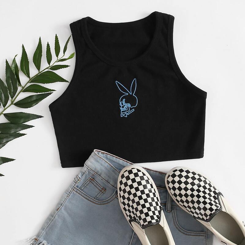 

Skull Embroidery Crop Tank, Baby blue