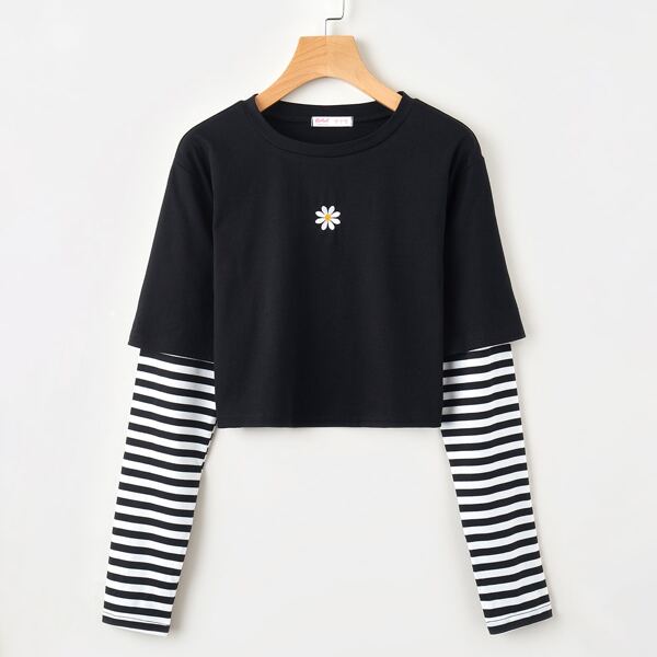 

Plus Contrast Striped Sleeve Floral Embroidered Crop Tee, Black