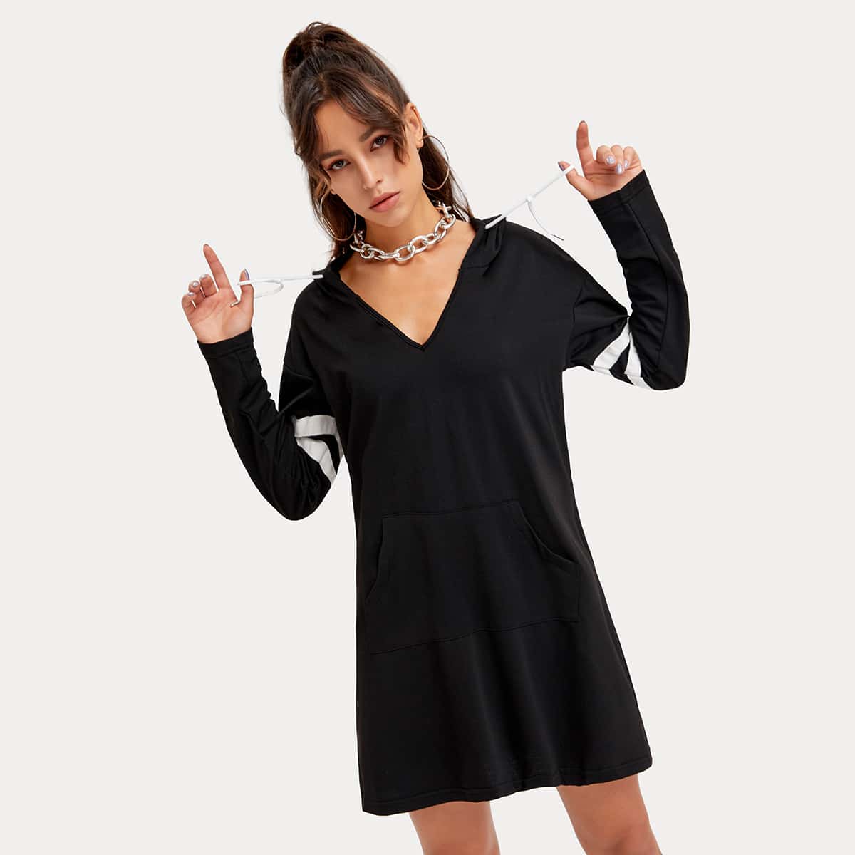 

Striped Kangaroo Pocket Drawstring Hoodie Dress, Black