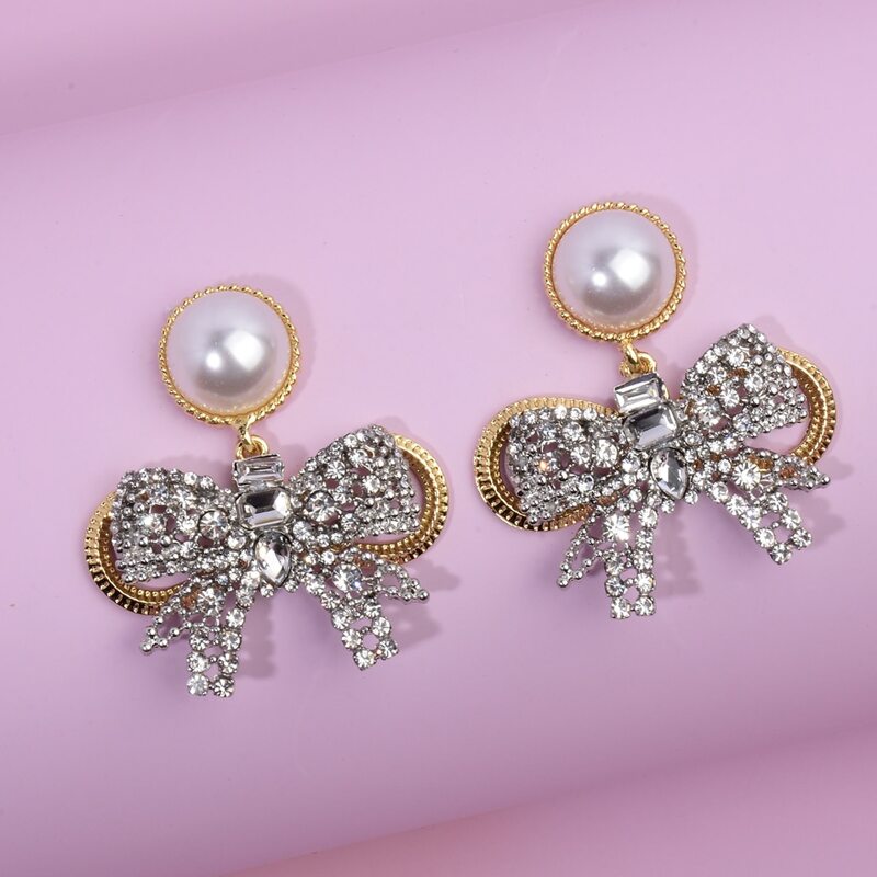 

Rhinestone Bow Drop Earrings, White