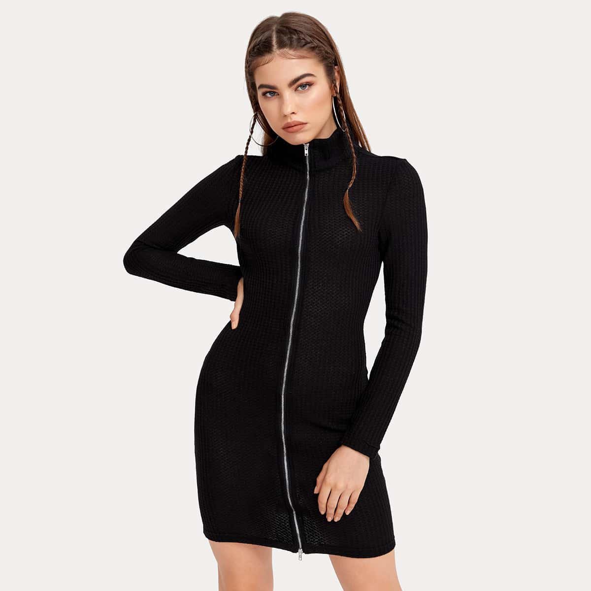 

Zip Front Waffle Knit Dress Without Belt, Black