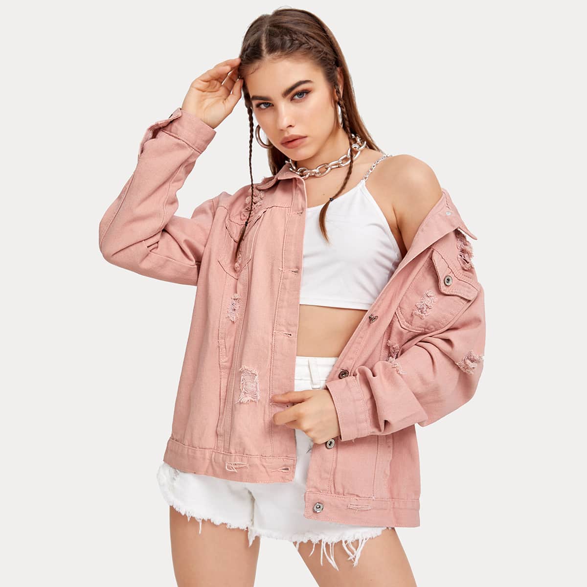 

Ripped Button Up Denim Trucker Jacket, Coral pink