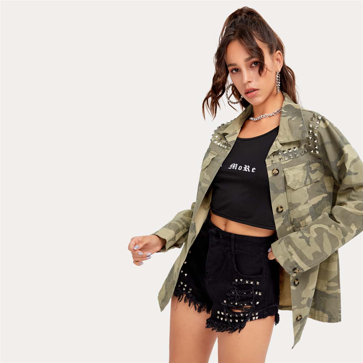 

Camo Print Rivet Detail Denim Jacket, Multicolor
