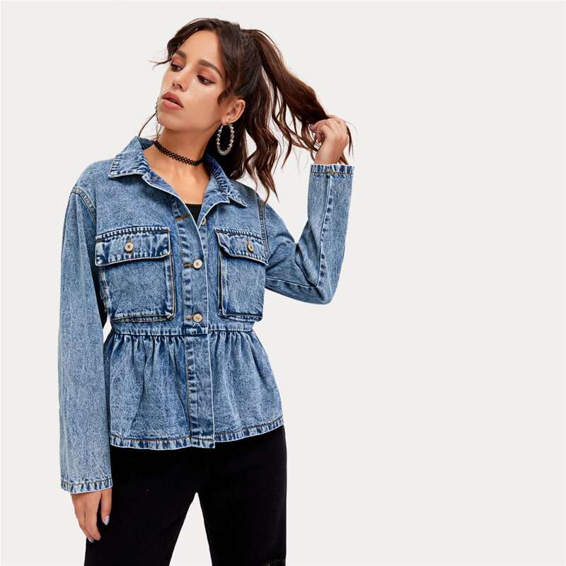 

Button Up Ruffle Hem Denim Jacket, Medium wash