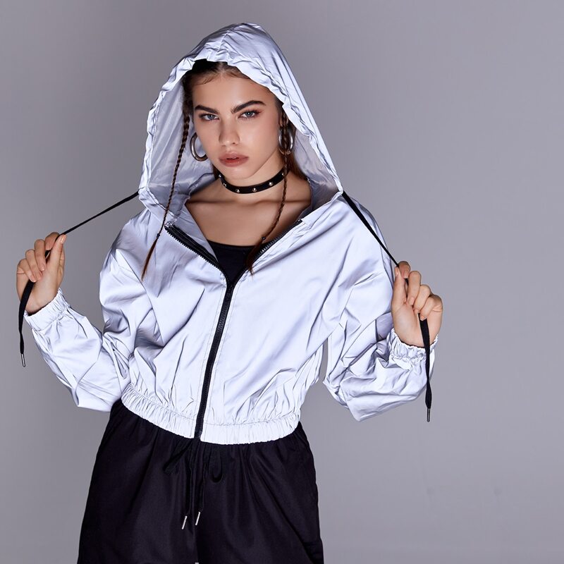 

Reflective Zip Up Hooded Windbreaker Jacket, Grey