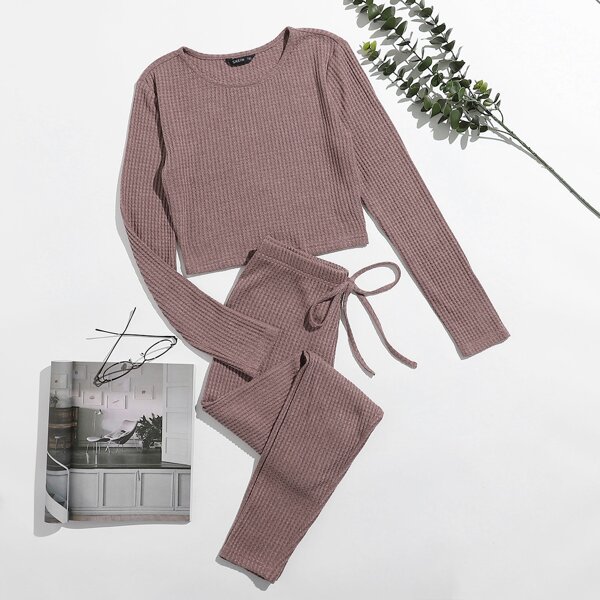

Plus Waffle Knit Crop Top & Knot Waist Pants PJ Set, Redwood