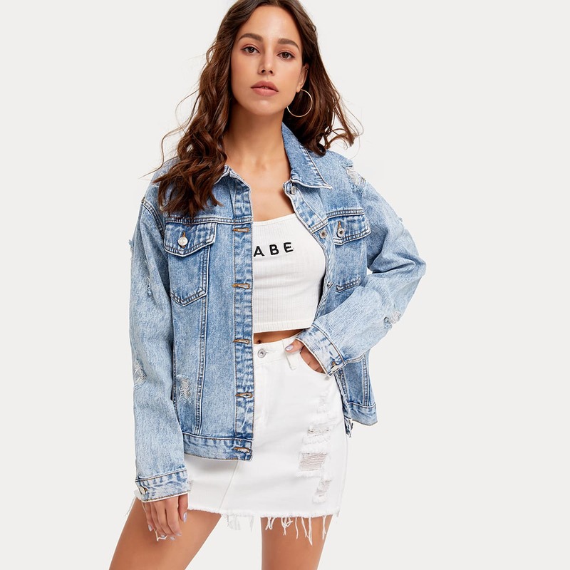 

Button Front Flap Pocket Denim Jacket, Light wash