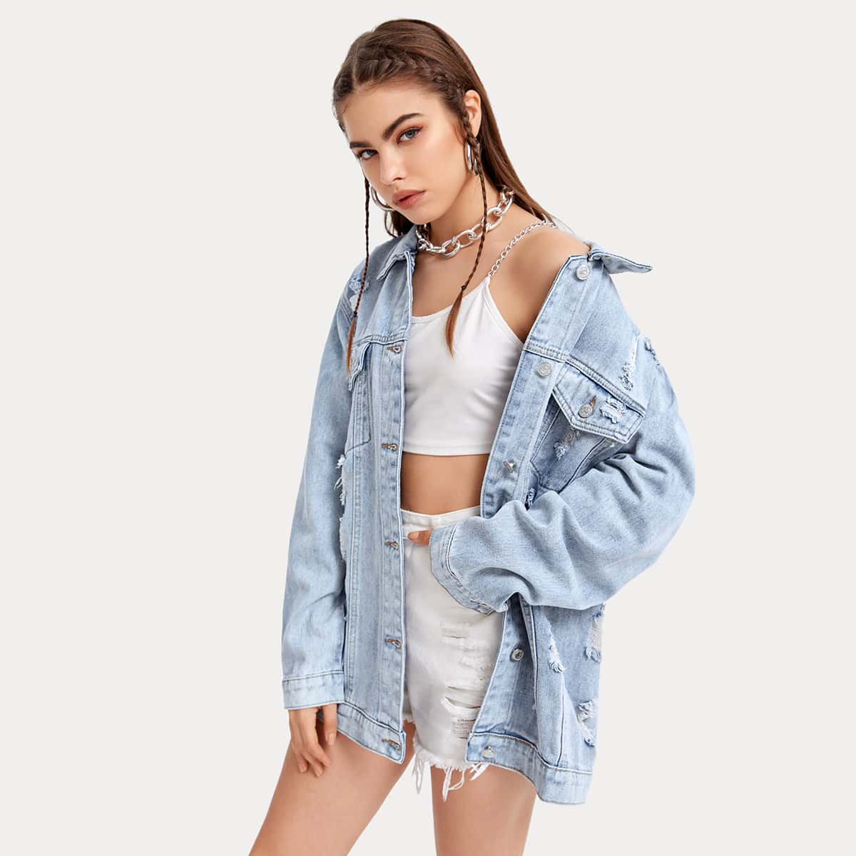 

Button Front Ripped Denim Jacket, Light wash