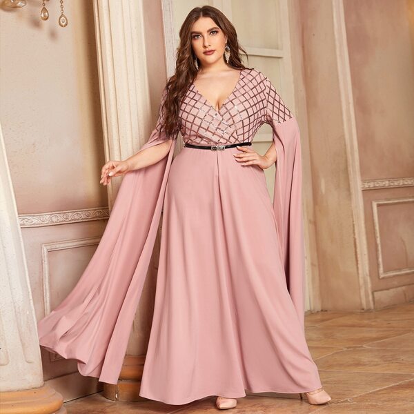 

Plus Contrast Sequin Argyle Pattern Split Sleeve Belted Dress, Dusty pink