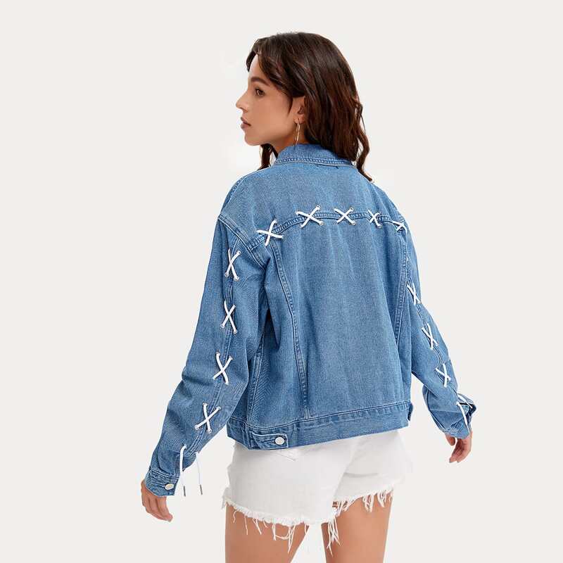 

Drop Shoulder Lace Up Denim Jacket, Medium wash