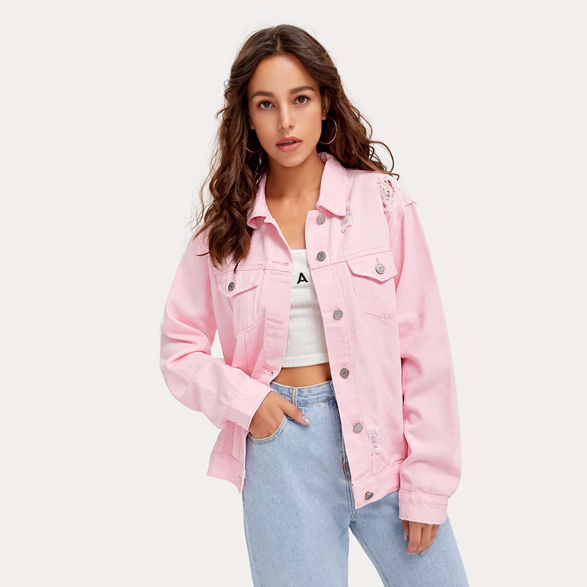 

Button Front Ripped Denim Jacket, Pink