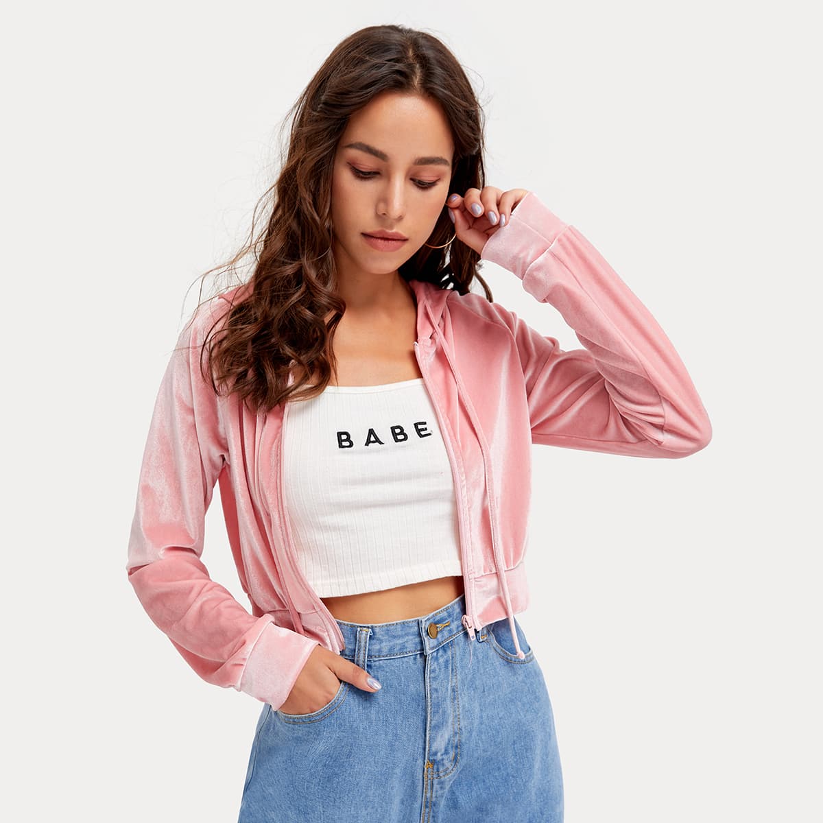 

Zip Up Drawstring Velvet Crop Hoodie, Dusty pink