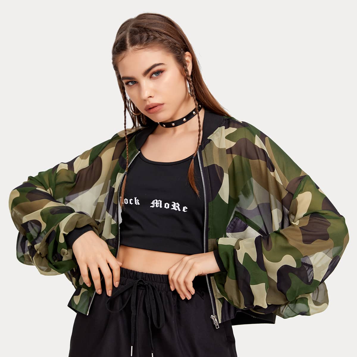 

Zip Up Flap Pocket Front Semi Sheer Camo Bomber Jacket, Multicolor