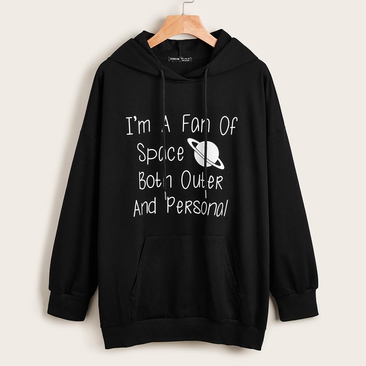 

Slogan and Saturn Print Drop Shoulder Oversized Longline Hoodie, Black