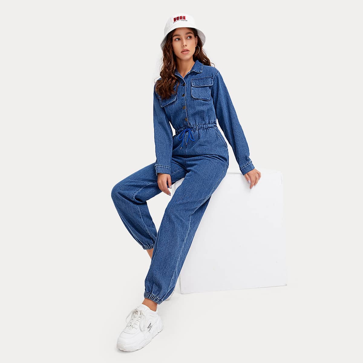 

Button Front Drawstring Waist Denim Jumpsuit, Medium wash