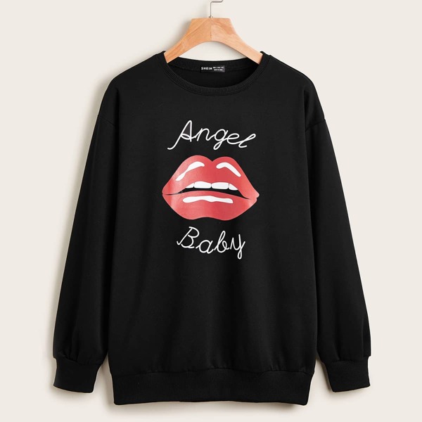 

Letter and Lip Print Drop Shoulder Pullover, Black