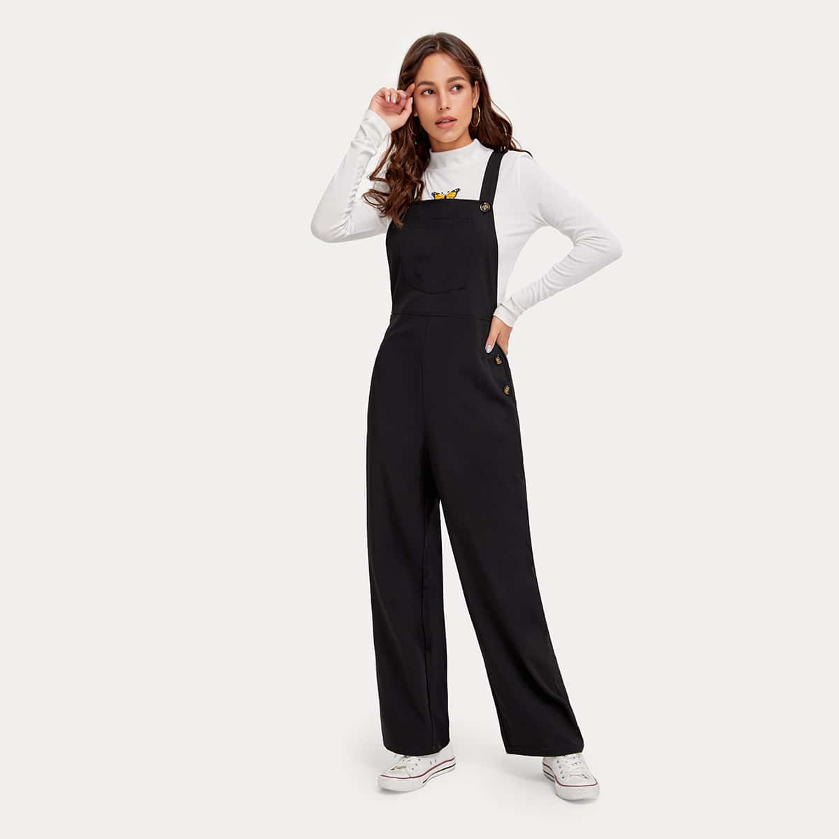

Solid Pocket Front Overall Jumpsuit, Black