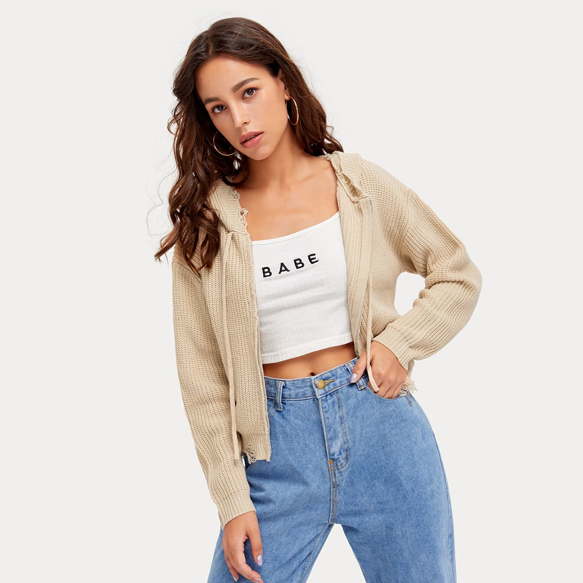 

Zipper Front Ripped Hem Hooded Cardigan, Khaki