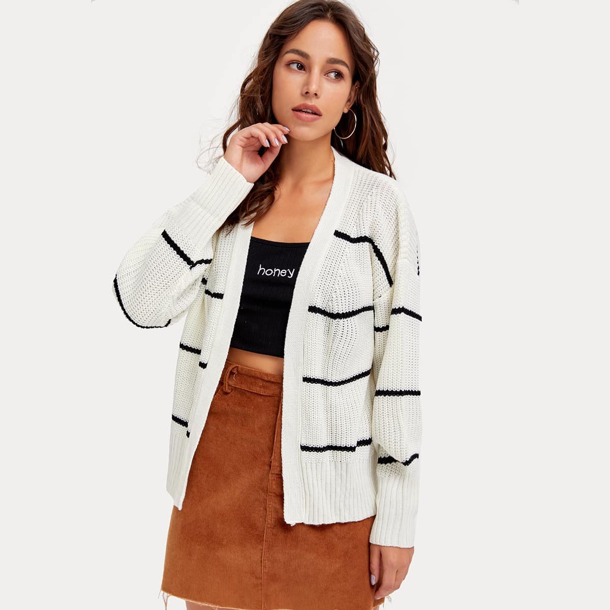 

Drop Shoulder Striped Cardigan, White