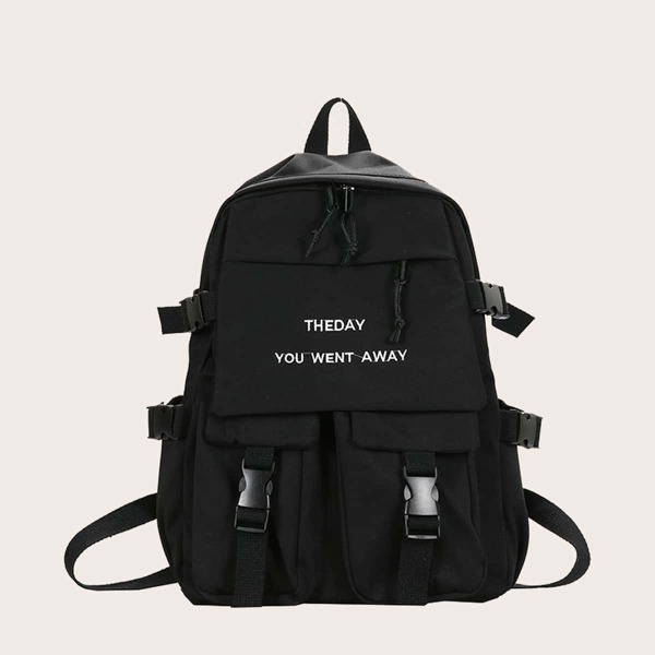 

Men Letter Embroidered Double Release Buckle Backpack, Black