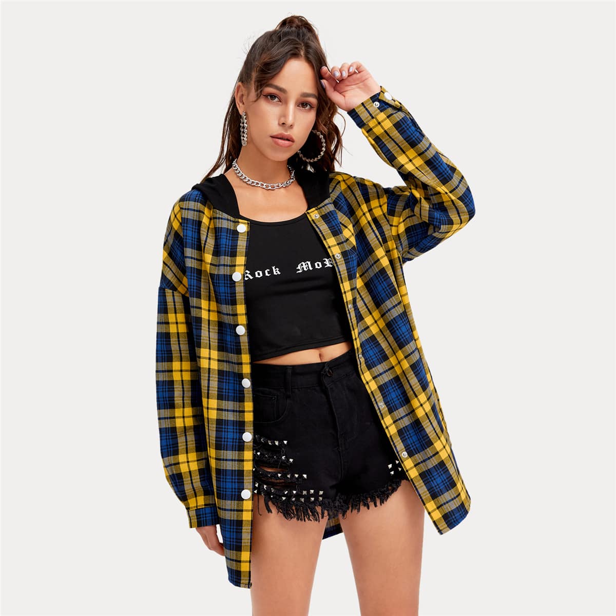 

Drop Shoulder Dip Hem Tartan Coat, Multicolor