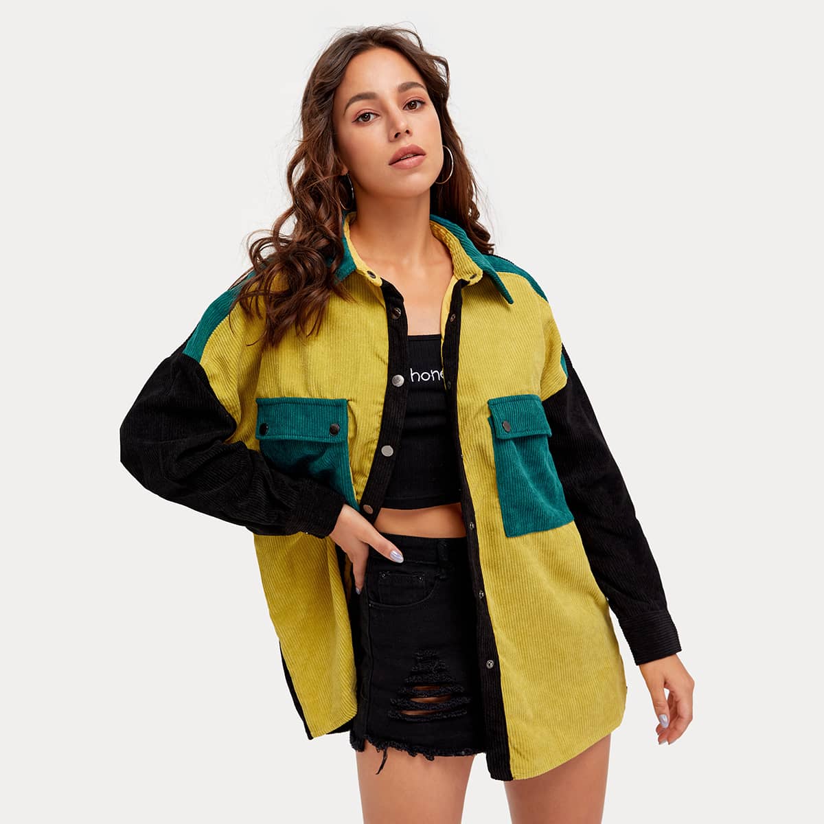

Flap Pocket Drop Shoulder Cord Coat, Multicolor