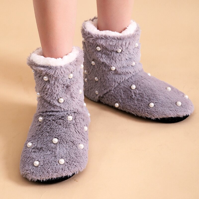 

Faux Pearl Decor Fluffy Boots, Grey