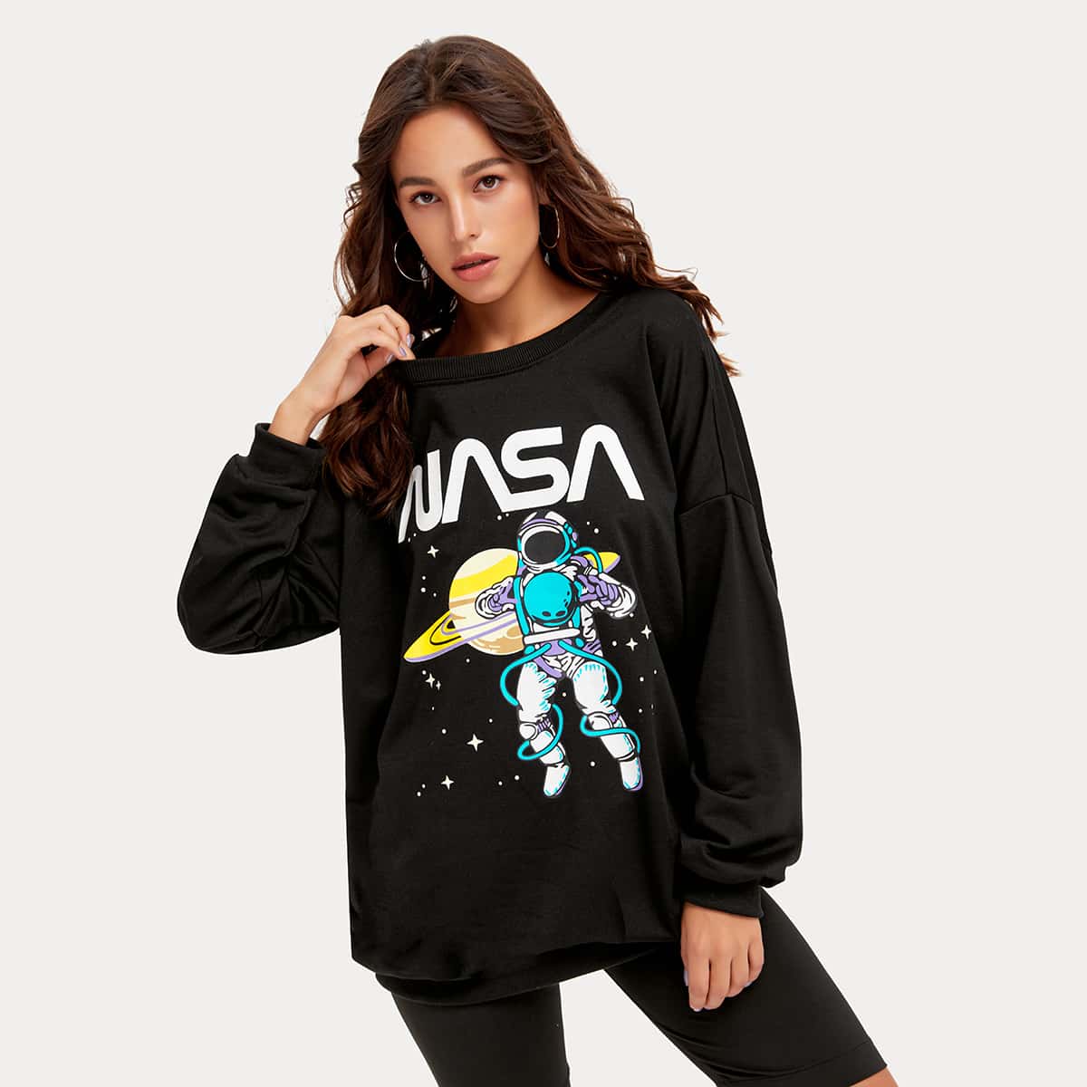 

Letter & Astronaut Print Sweatshirt, Black