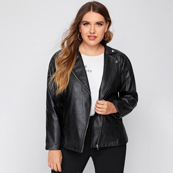 

Plus Slant Pocket Zipper PU Leather Moto Jacket, Black
