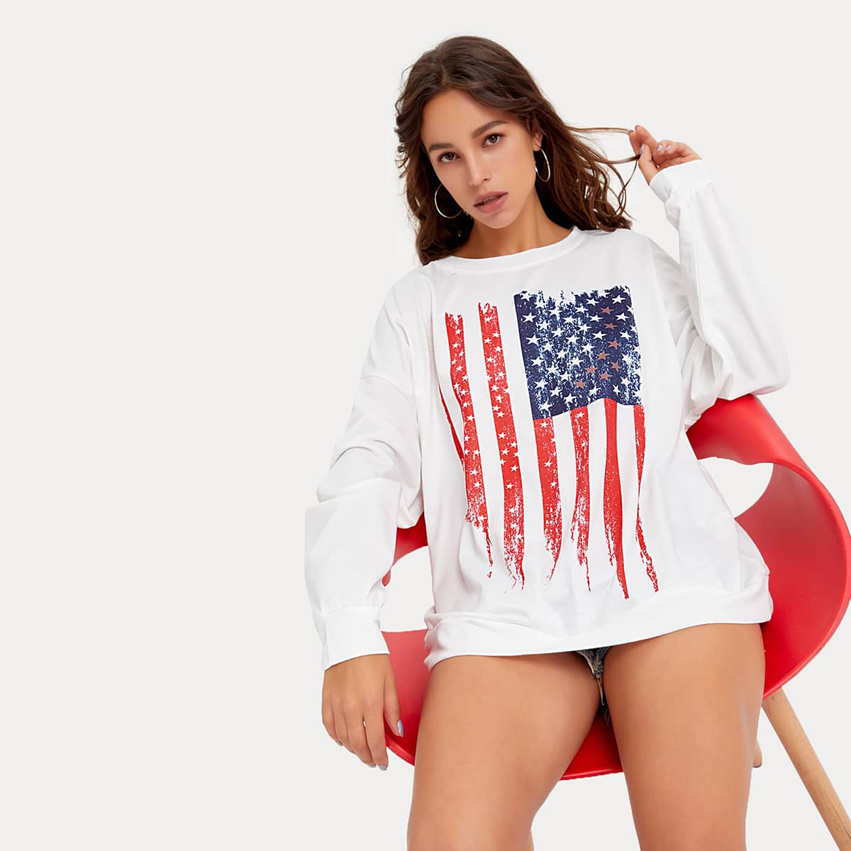 

Drop Shoulder America Flag Print Sweatshirt, White