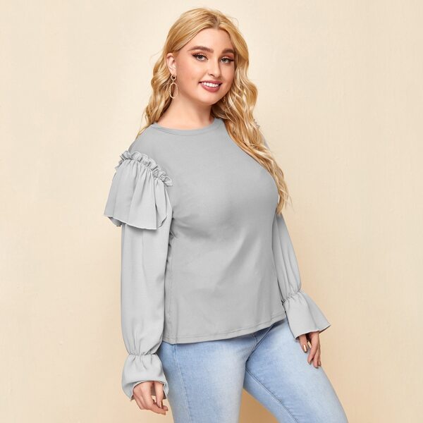 

Plus Ruffle & Frill Flounce Sleeve Tee, Light grey