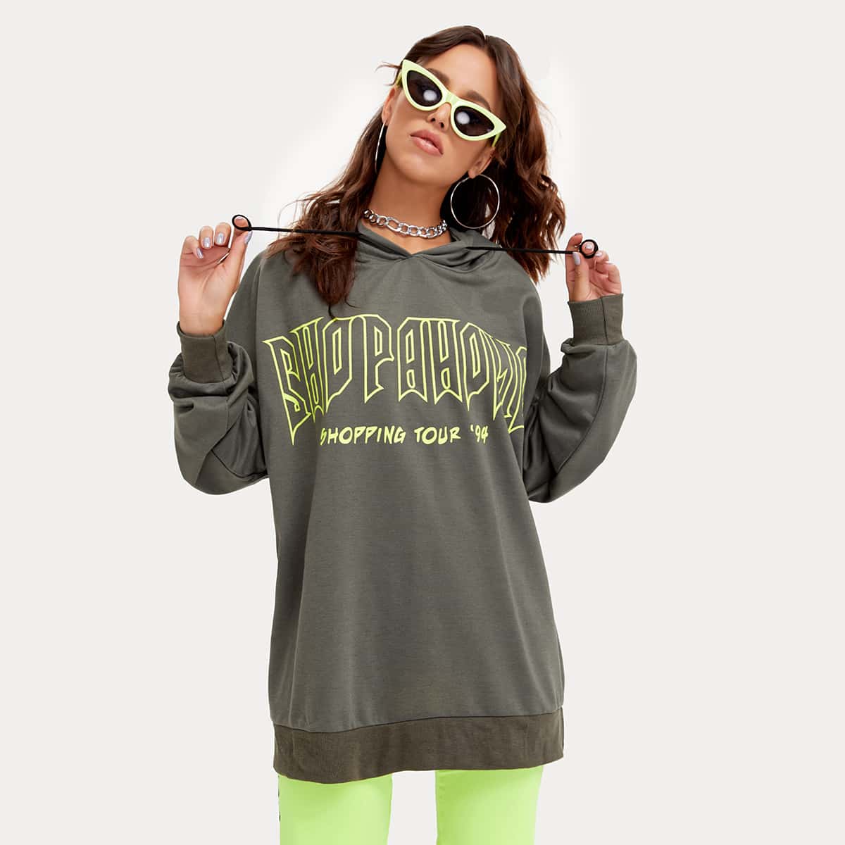 

Drop Shoulder Slogan Graphic Drawstring Hoodie, Dark grey