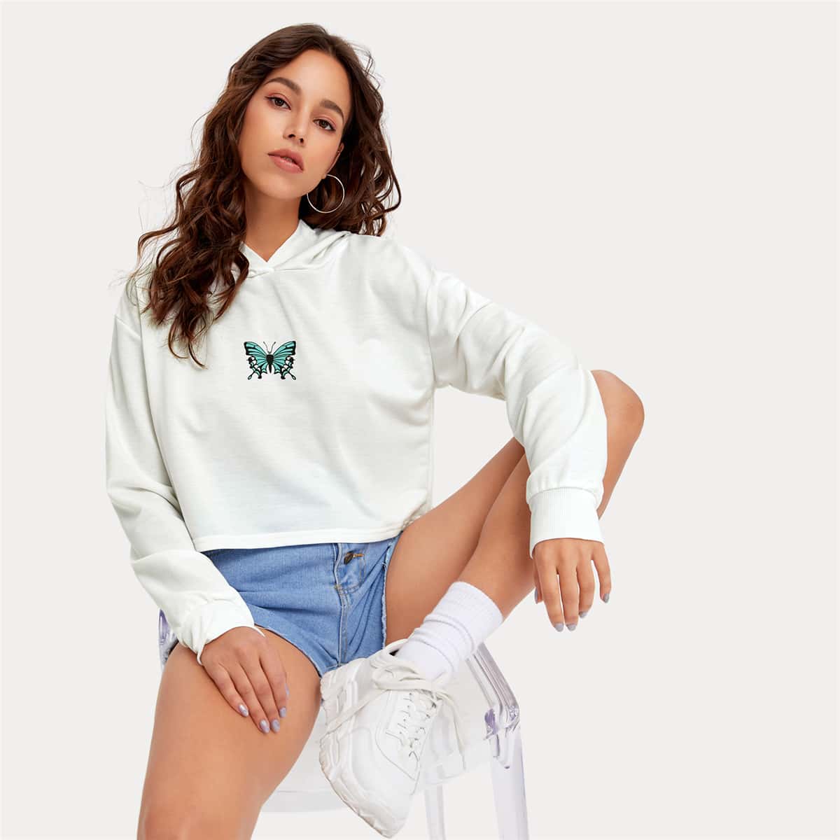 

Drop Shoulder Butterfly Print Hoodie, White