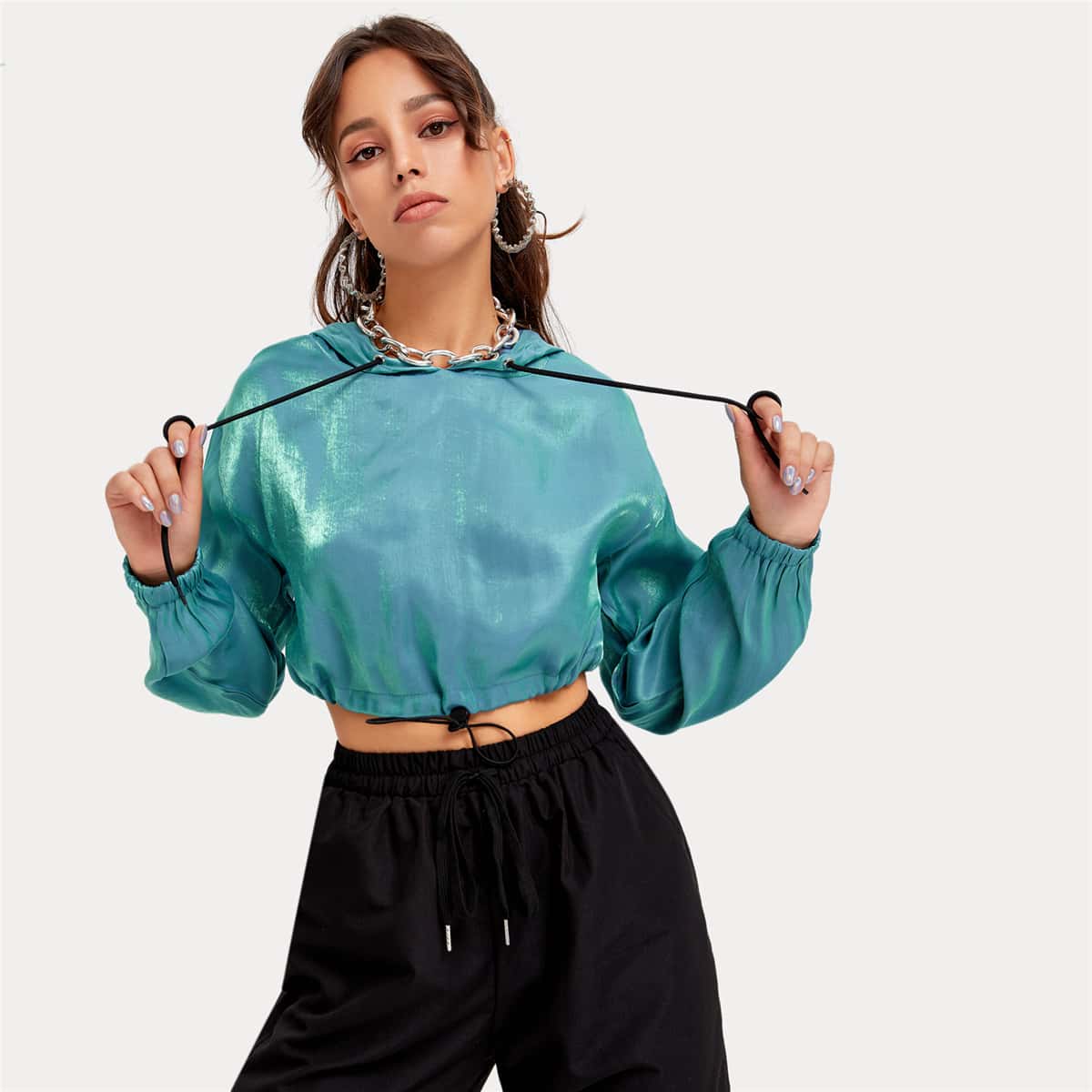 

Drop Shoulder Holographic Drawstring Hoodie, Cadet blue